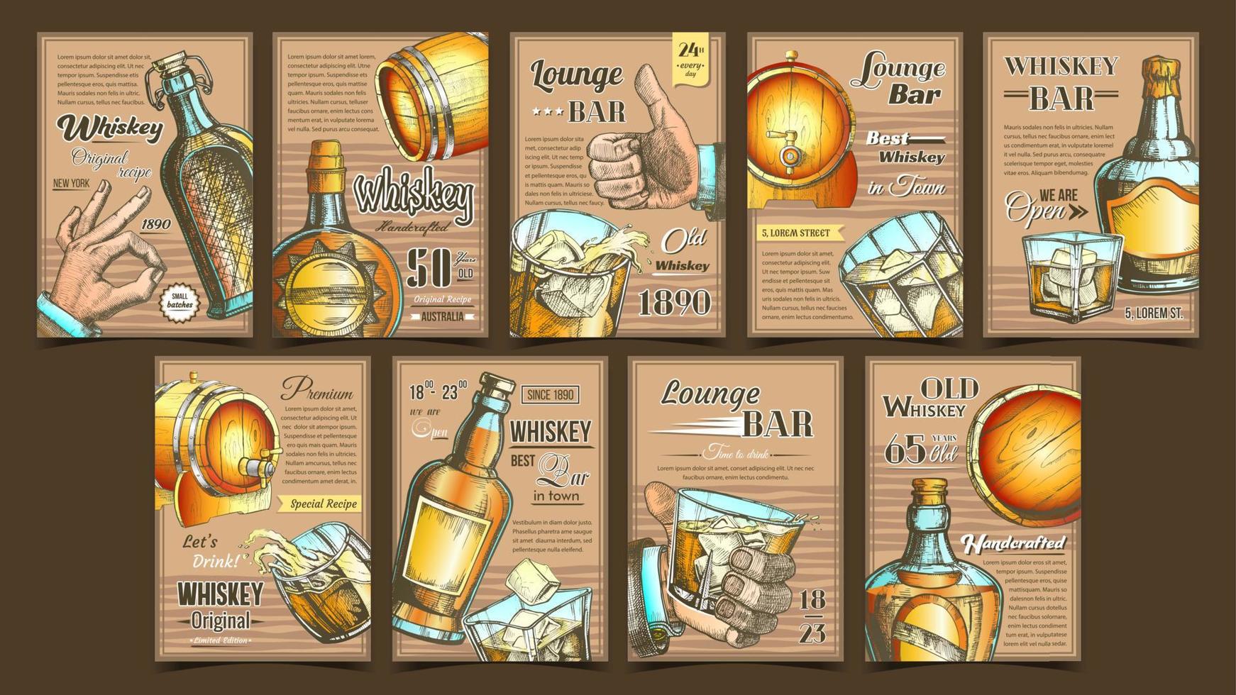 Whiskey Lounge Bar Advertising Posters Set Vector