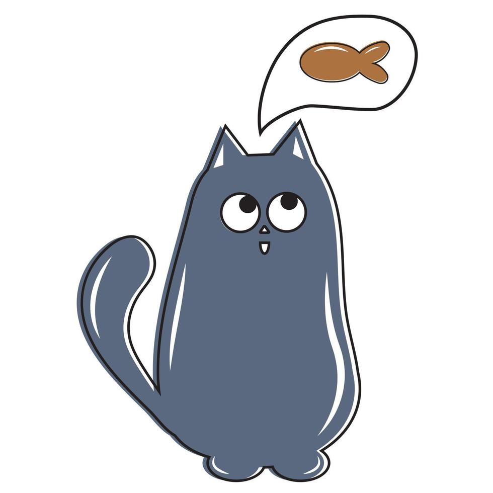 lindo gato sueña con comida, ilustración de vector de color en estilo de fideos