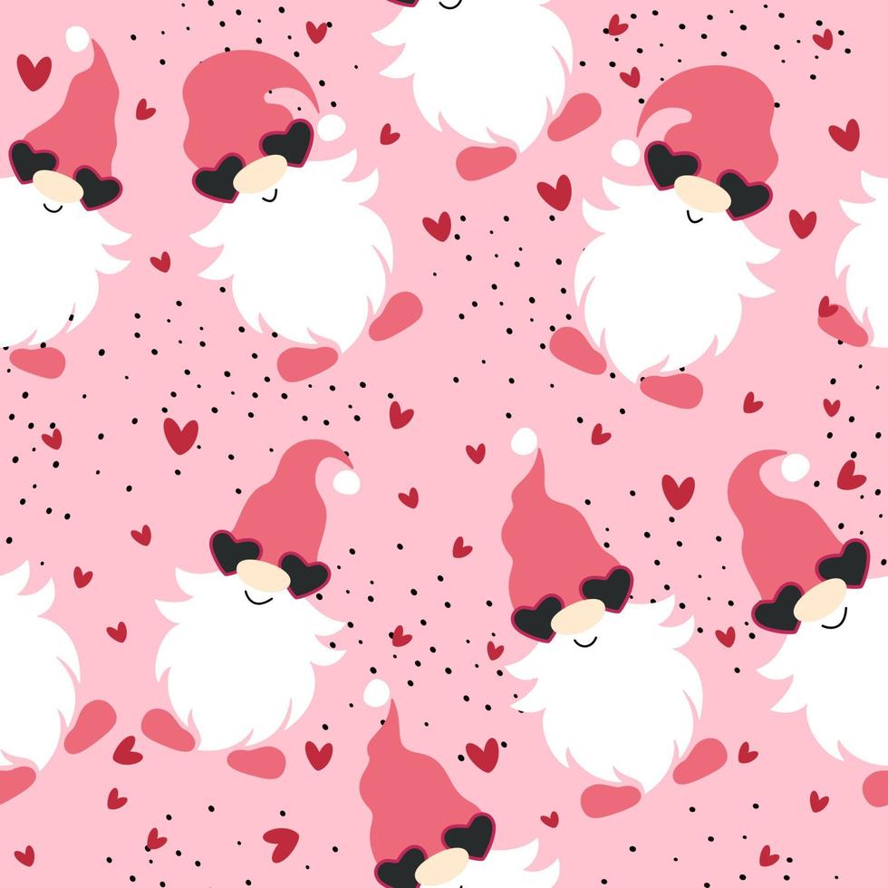 Seamless pattern with gnomes, gifts and hearts. Valentine's day design. Vector illustration isolated on pink background.