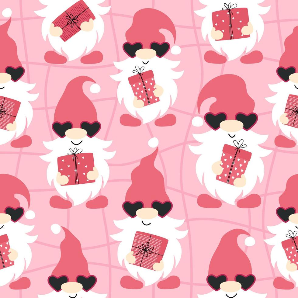 Seamless pattern with gnomes, gifts and hearts. Valentine's day design. Vector illustration isolated on pink background.