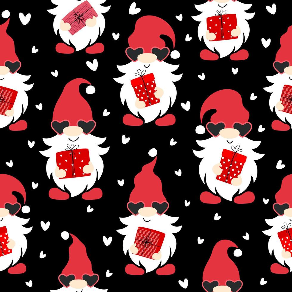 Seamless pattern with gnomes, gifts and hearts. Valentine's day design. Vector illustration isolated on dark background.