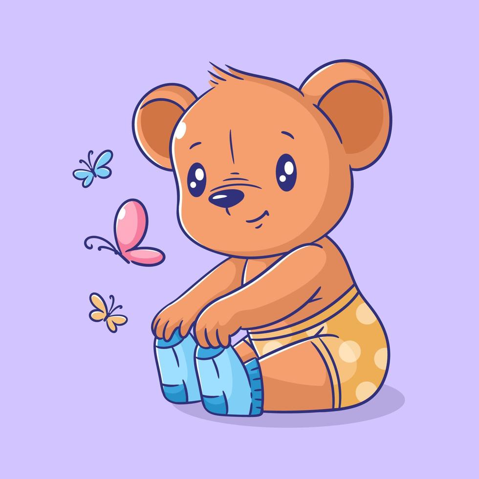 Cute bear is sitting looking at the flying butterfly vector