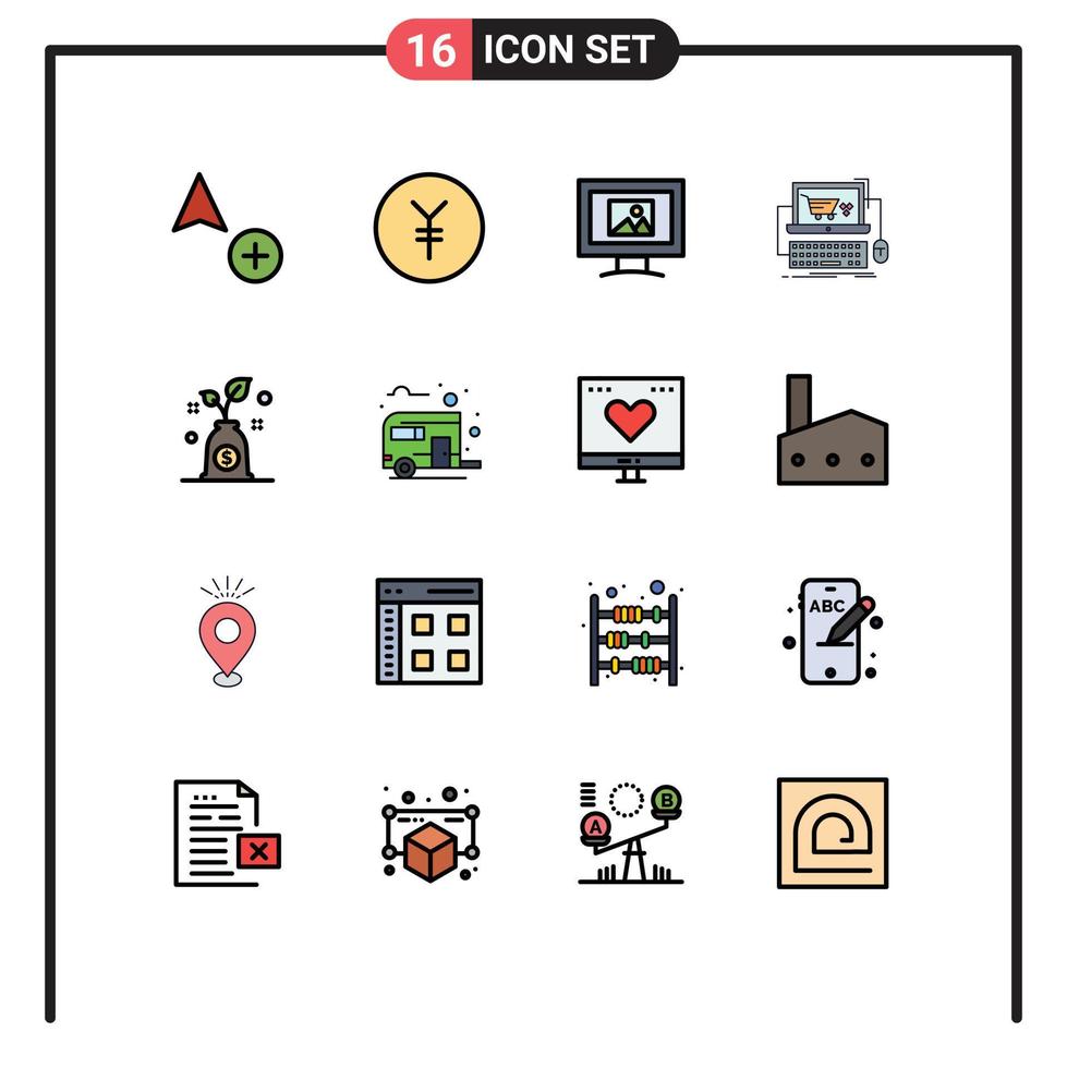conjunto de pictogramas de 16 líneas simples llenas de color plano de crecimiento de autobús tienda de presupuesto fotográfico elementos de diseño de vectores creativos editables