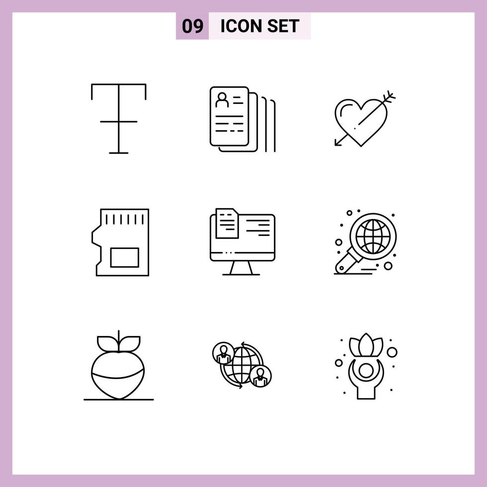Set of 9 Vector Outlines on Grid for file data arrow storage sd card Editable Vector Design Elements