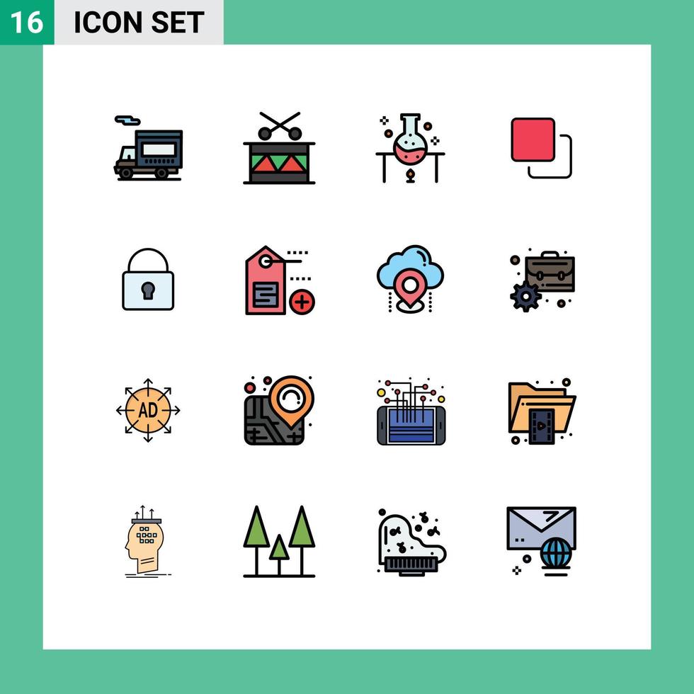 16 Thematic Vector Flat Color Filled Lines and Editable Symbols of lock quadruple laboratory media science lab Editable Creative Vector Design Elements