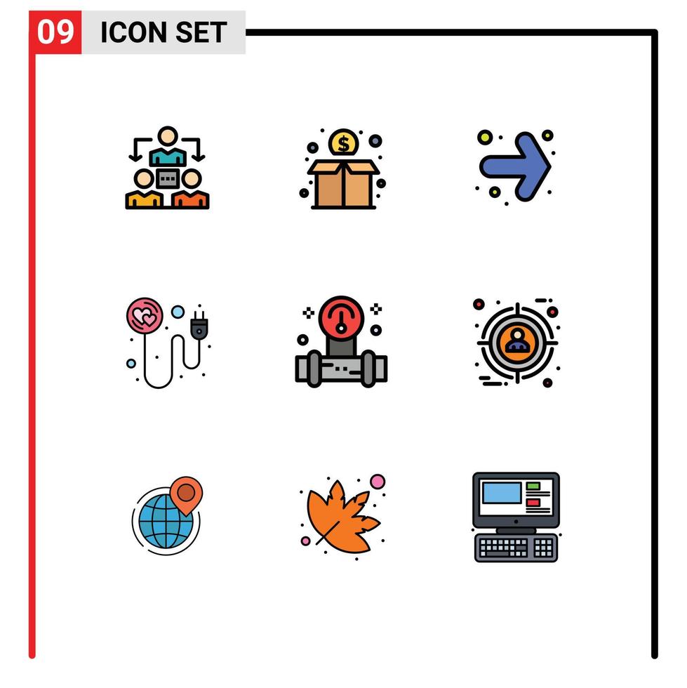conjunto de 9 iconos de interfaz de usuario modernos símbolos signos para herramientas manómetro flecha romance enchufe elementos de diseño vectorial editables vector