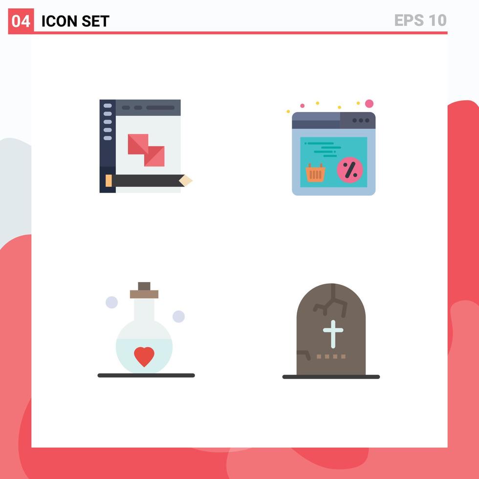 conjunto moderno de 4 iconos y símbolos planos como la codificación del panel de amor en línea pasión elementos de diseño vectorial editables vector