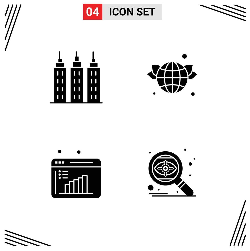 Universal Icon Symbols Group of 4 Modern Solid Glyphs of building data computation earth green search Editable Vector Design Elements