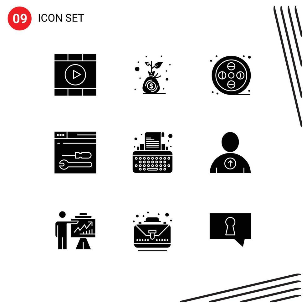 9 User Interface Solid Glyph Pack of modern Signs and Symbols of type web real tools development Editable Vector Design Elements