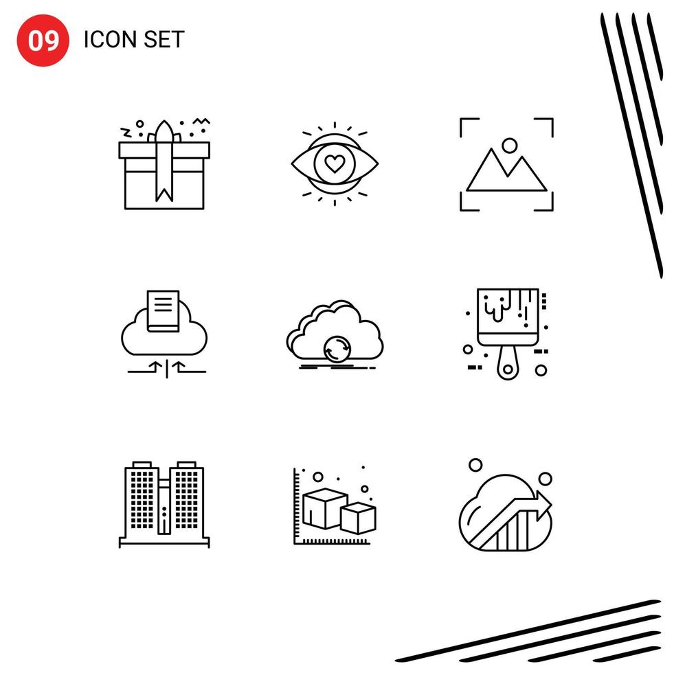 Mobile Interface Outline Set of 9 Pictograms of cloud book light arrow photography Editable Vector Design Elements