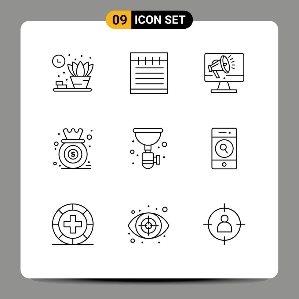 Set of 9 Modern UI Icons Symbols Signs for plumber growth loudspeaker graph chart Editable Vector Design Elements