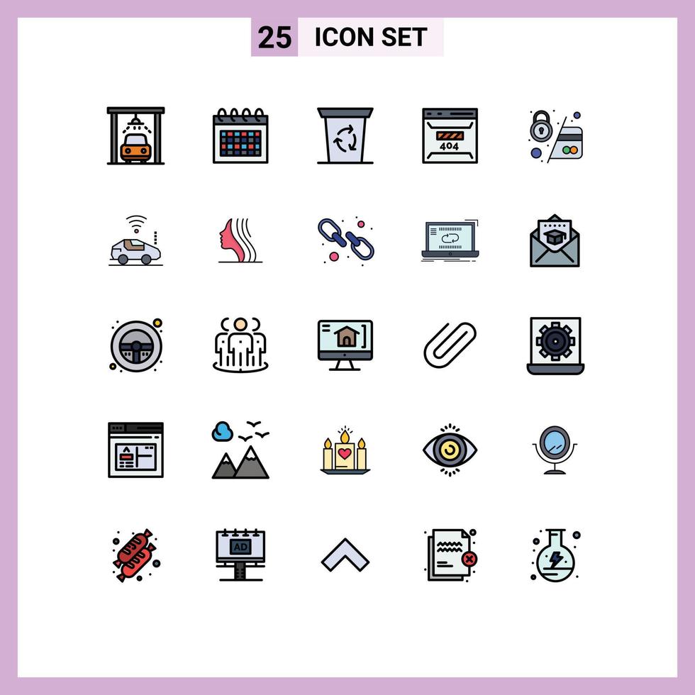 User Interface Pack of 25 Basic Filled line Flat Colors of credit atm been site error Editable Vector Design Elements