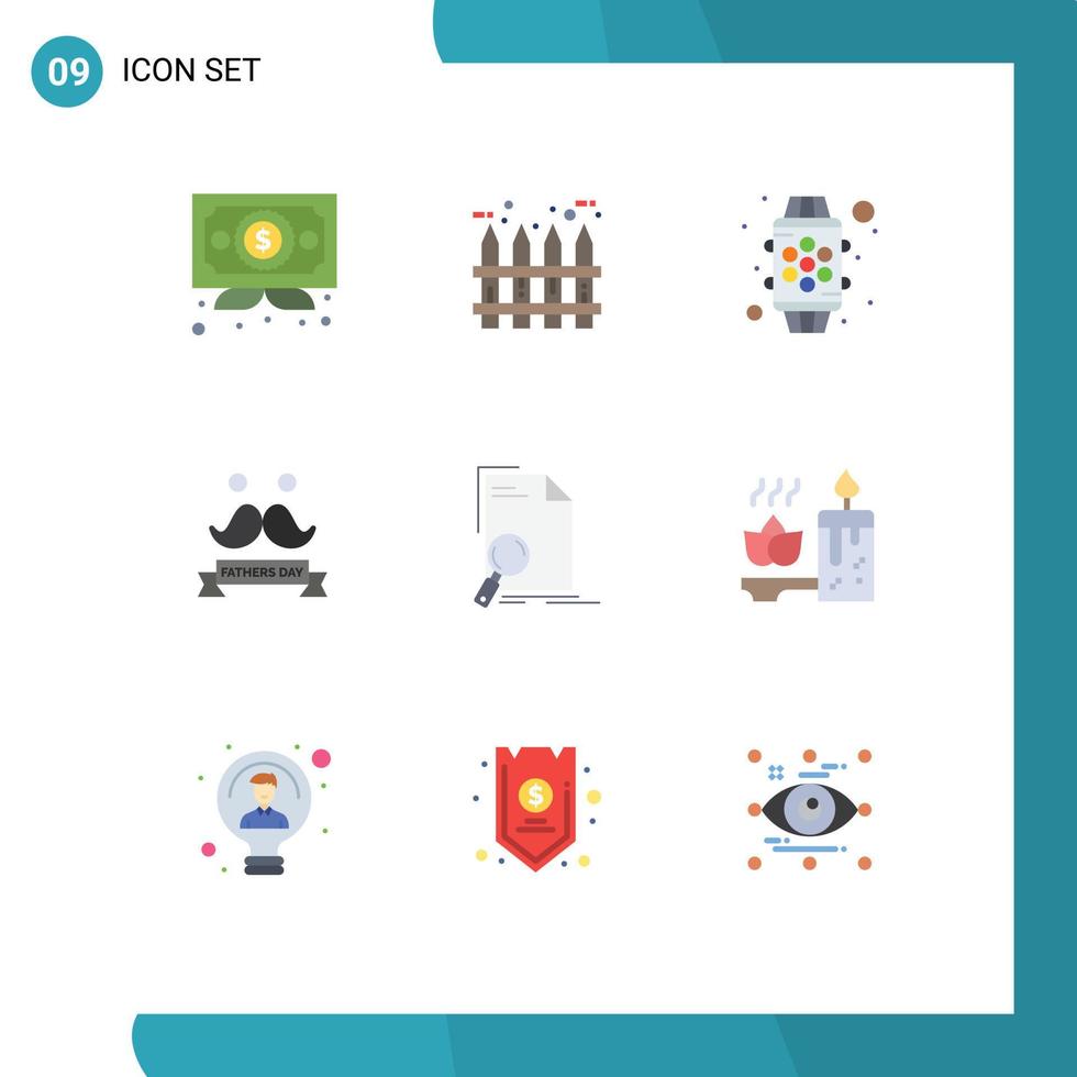 paquete de 9 signos y símbolos de colores planos modernos para medios de impresión web, como el dispositivo de bigote de documentos, los padres celebran elementos de diseño de vectores editables