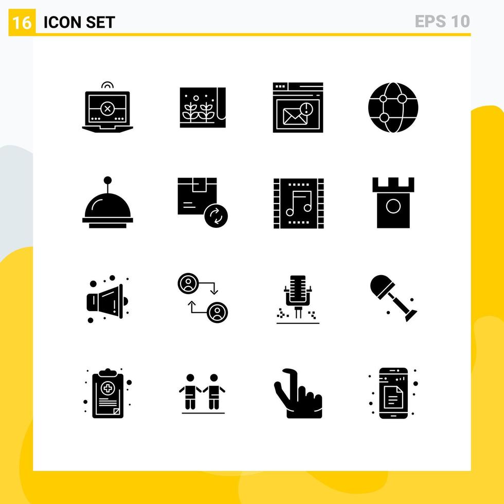 16 glifos sólidos vectoriales temáticos y símbolos editables de elementos de diseño vectorial editables de negocio de red de bandeja de entrada de tecnología de campana vector