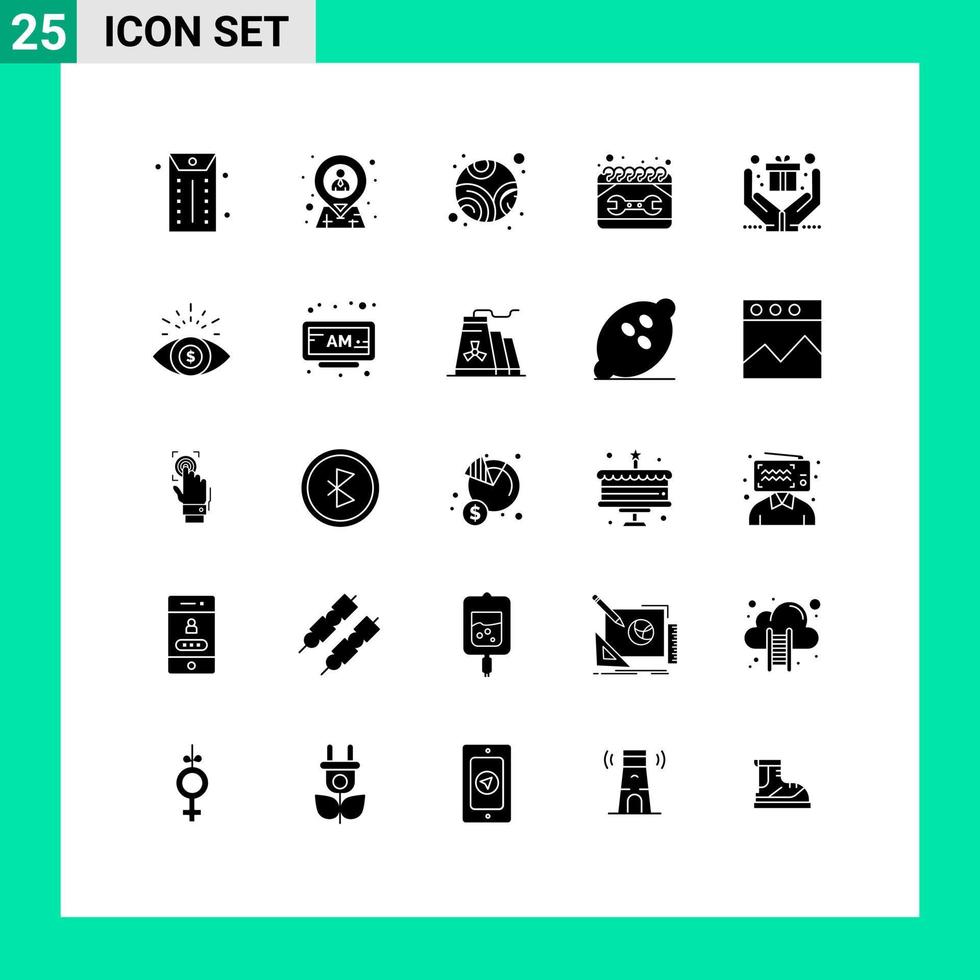 Set of 25 Commercial Solid Glyphs pack for hands spanner neptune repair construction Editable Vector Design Elements