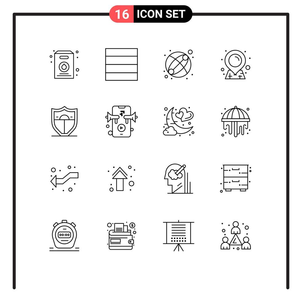 User Interface Pack of 16 Basic Outlines of date speaker location marketing security Editable Vector Design Elements