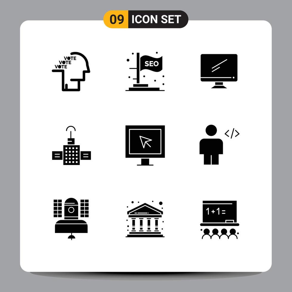Mobile Interface Solid Glyph Set of 9 Pictograms of entertainment navigation seo gps imac Editable Vector Design Elements