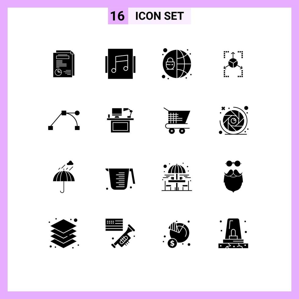 Set of 16 Modern UI Icons Symbols Signs for computer path protection anchor database Editable Vector Design Elements