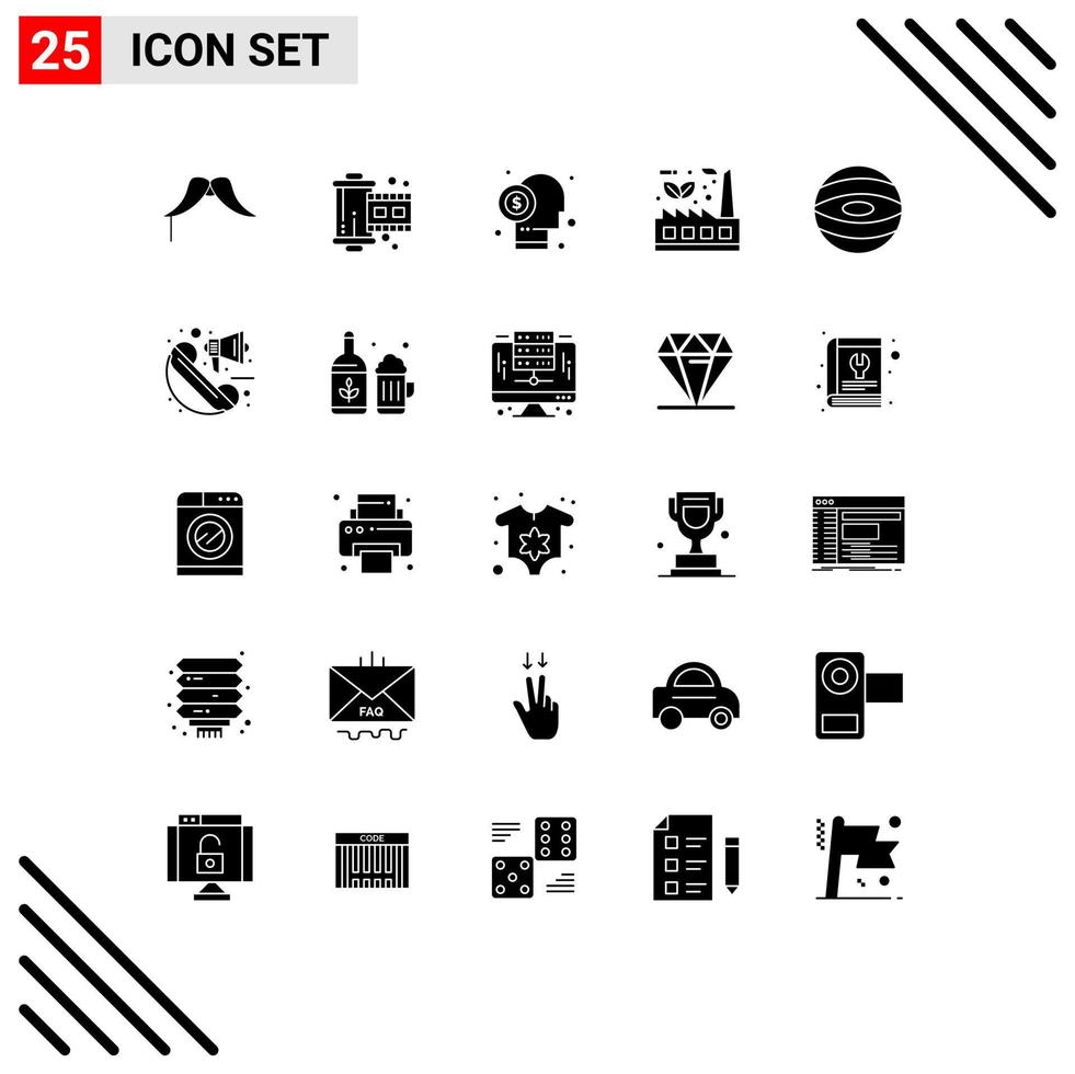 Pictogram Set of 25 Simple Solid Glyphs of factory doodle reel leaf investor Editable Vector Design Elements