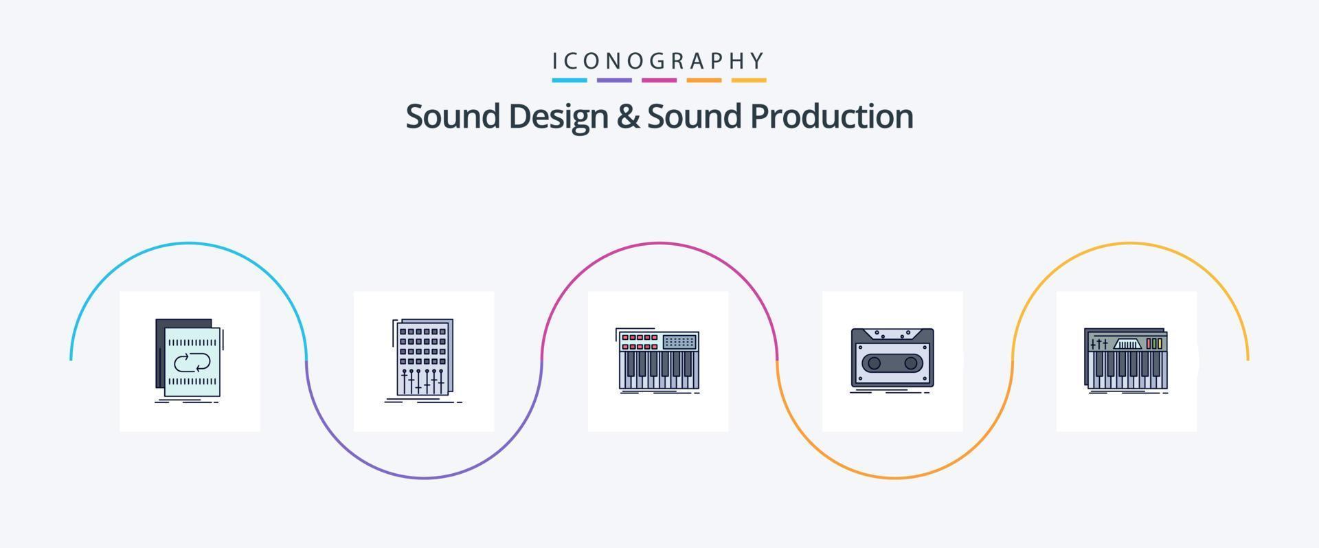 el diseño de sonido y la línea de producción de sonido llenaron el paquete de iconos planos 5 que incluye el registro. casete. mezclador. sintetizador. midi vector