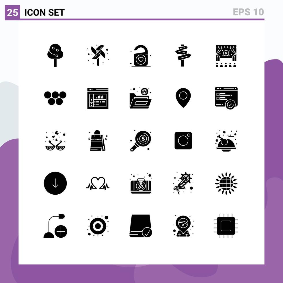 Mobile Interface Solid Glyph Set of 25 Pictograms of ancient ad heart cinema motel Editable Vector Design Elements