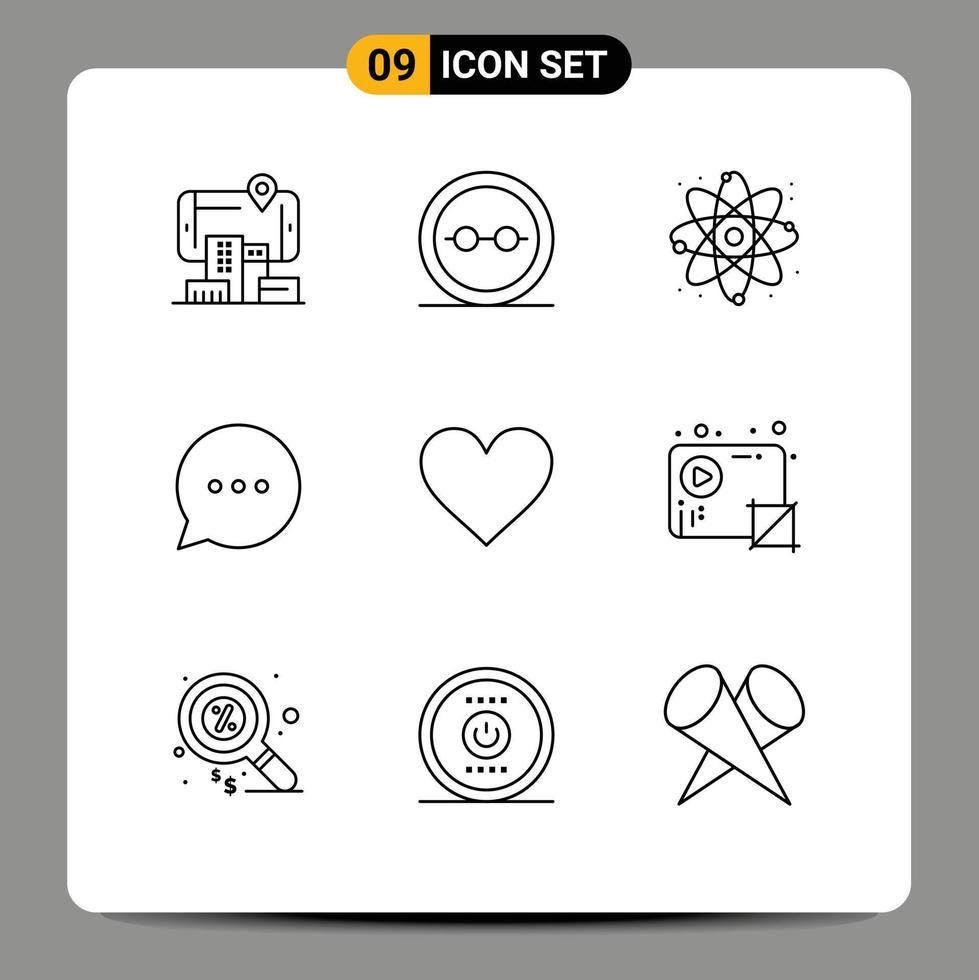 Universal Icon Symbols Group of 9 Modern Outlines of like heart lenses comment bubble Editable Vector Design Elements