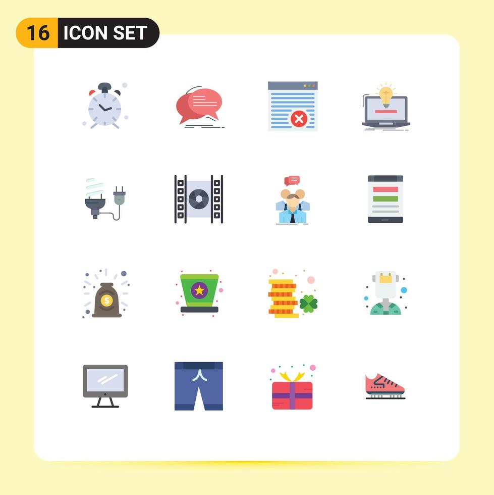 16 User Interface Flat Color Pack of modern Signs and Symbols of bulb solution speech laptop online Editable Pack of Creative Vector Design Elements