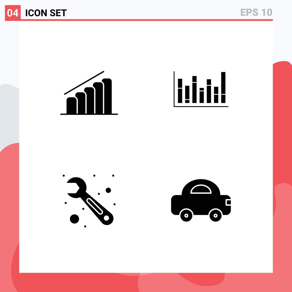 Mobile Interface Solid Glyph Set of 4 Pictograms of chart tool analysis up automobile Editable Vector Design Elements