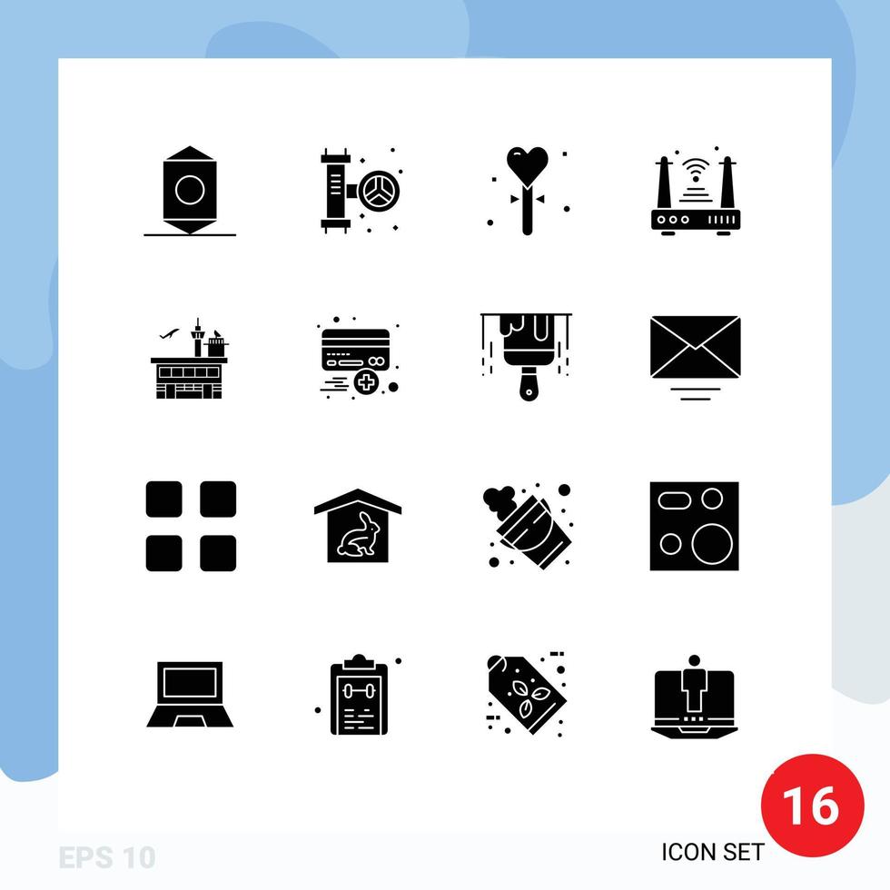 Group of 16 Solid Glyphs Signs and Symbols for wifi router celebration iot stick Editable Vector Design Elements