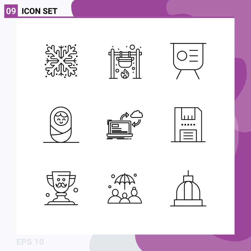 Group of 9 Outlines Signs and Symbols for processing boy fire baby performance Editable Vector Design Elements