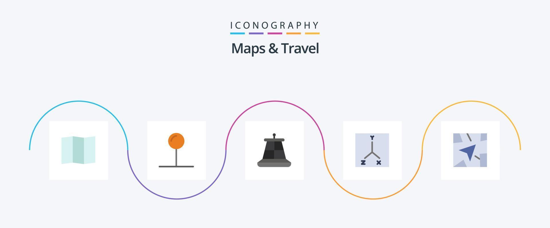 Mapas y paquete de iconos de 5 planos de viaje que incluye. coordenadas navegación vector