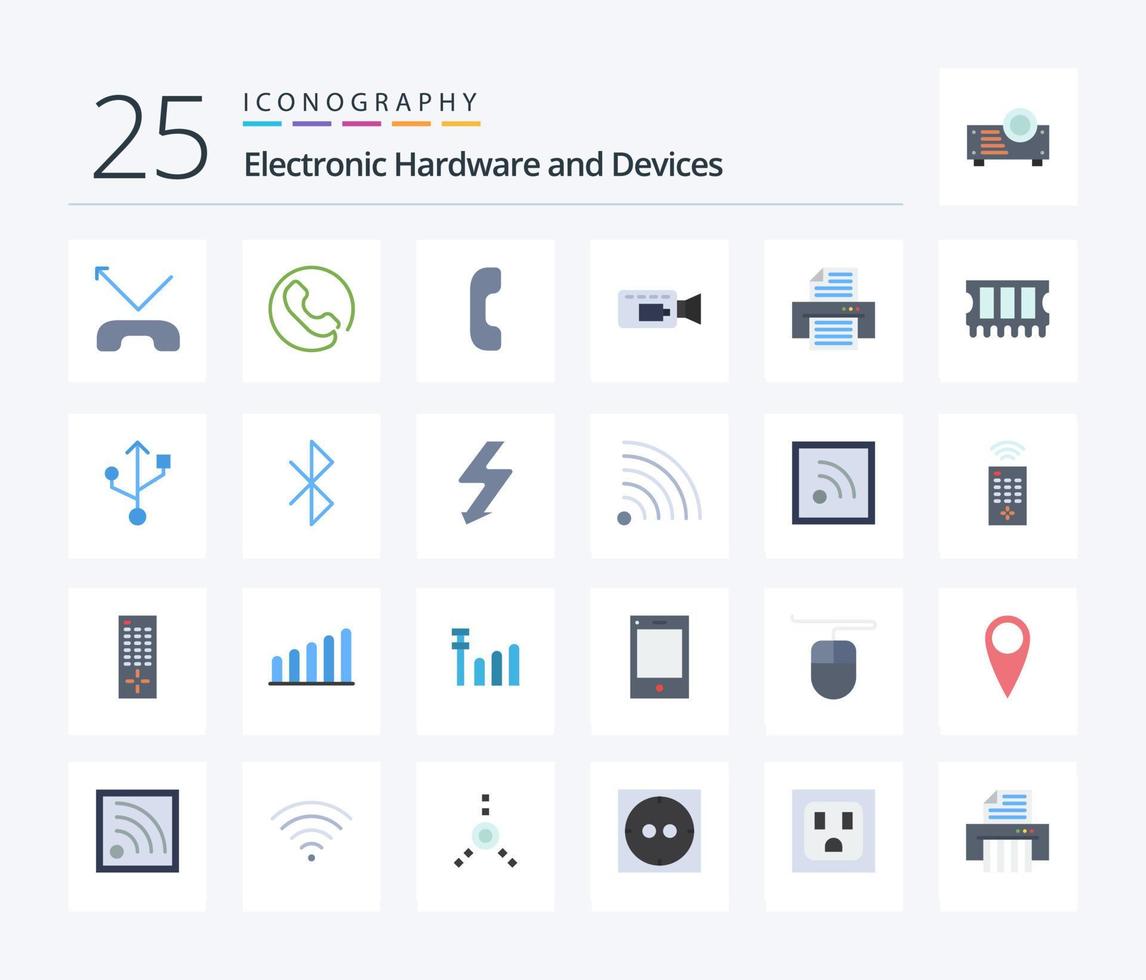 Paquete de iconos de 25 dispositivos de color plano que incluye bluetooth. conexión. registro. RAM. hardware vector