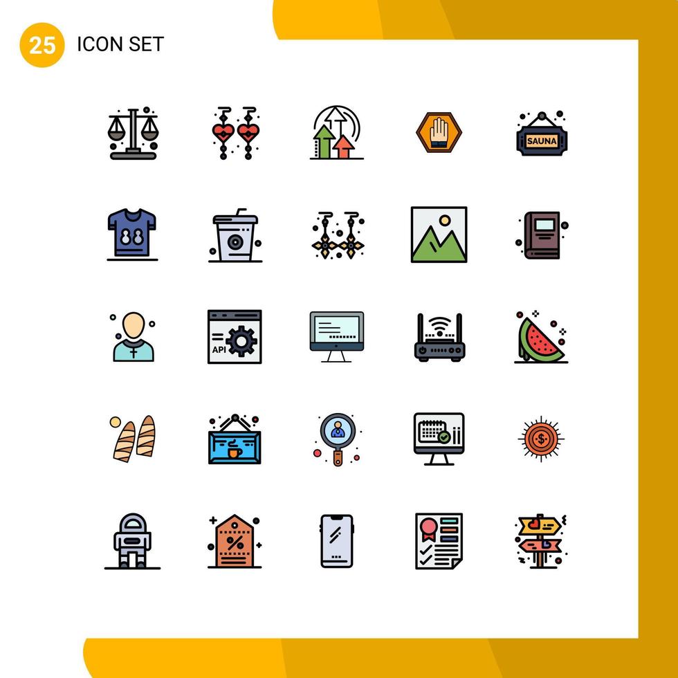 paquete de 25 modernos signos y símbolos de colores planos de línea rellena para medios de impresión web, como el método de advertencia de sauna, tráfico, elementos de diseño de vectores editables a mano
