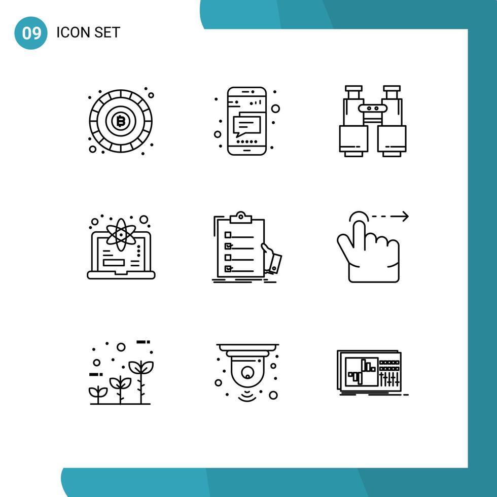 paquete de 9 signos y símbolos de contornos modernos para medios de impresión web, como la lista de verificación, aprender binoculares, grados, acampar, elementos de diseño de vectores editables