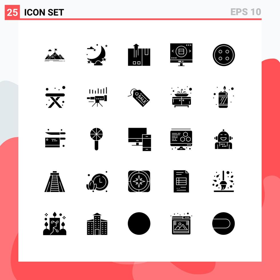 Set of 25 Commercial Solid Glyphs pack for magnifying logistic night export cargo Editable Vector Design Elements