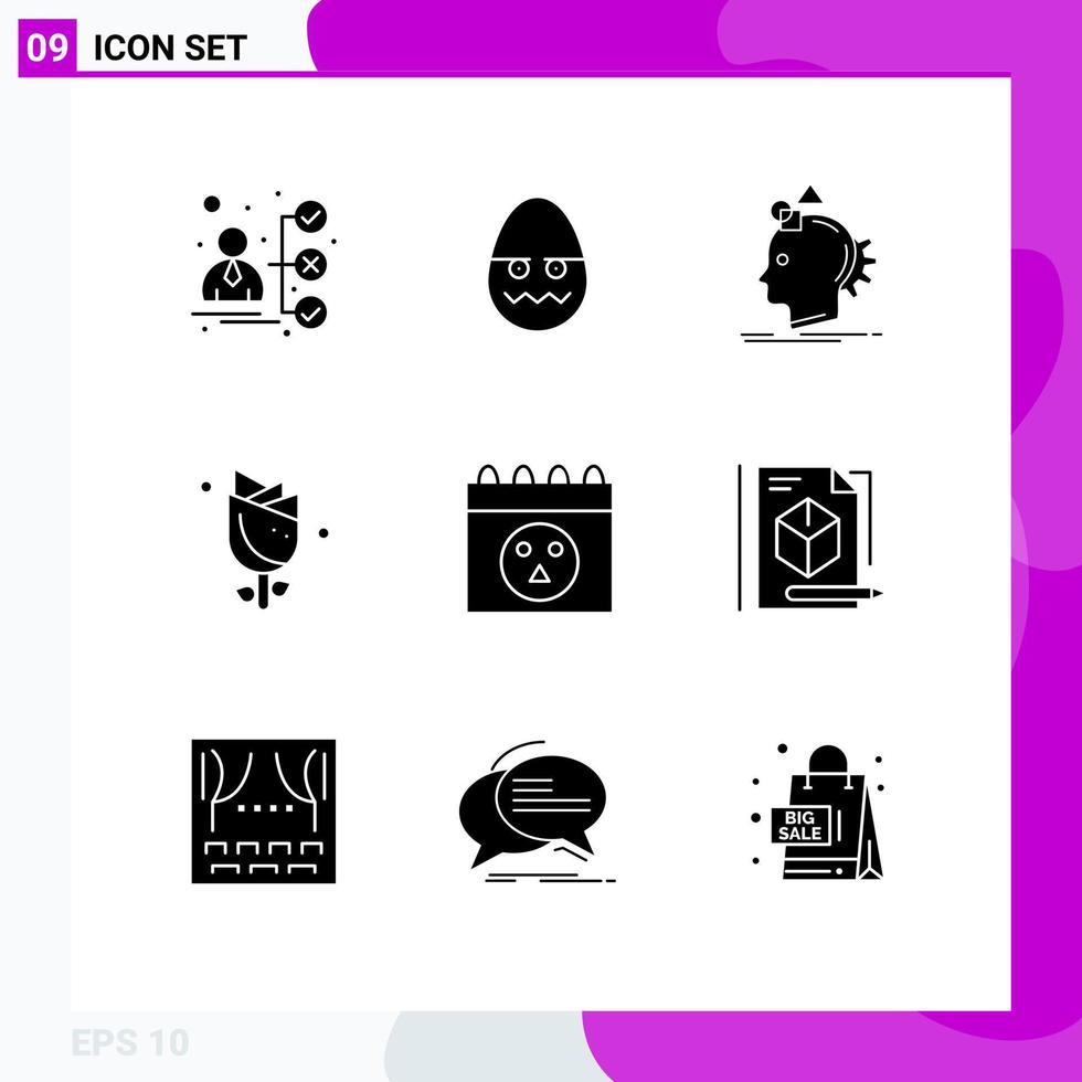 Mobile Interface Solid Glyph Set of 9 Pictograms of calendar nature imagination easter process Editable Vector Design Elements