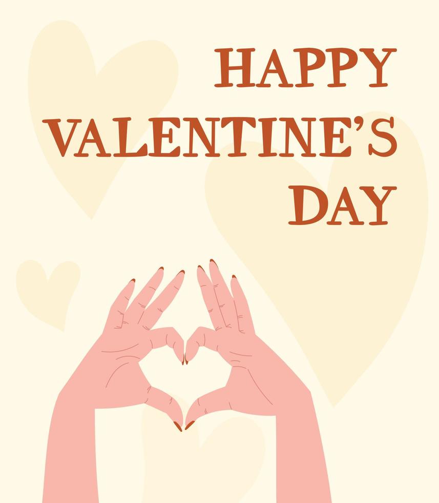 Vector catroon postcard for valentines day, female hands making a heart shape with fingers.