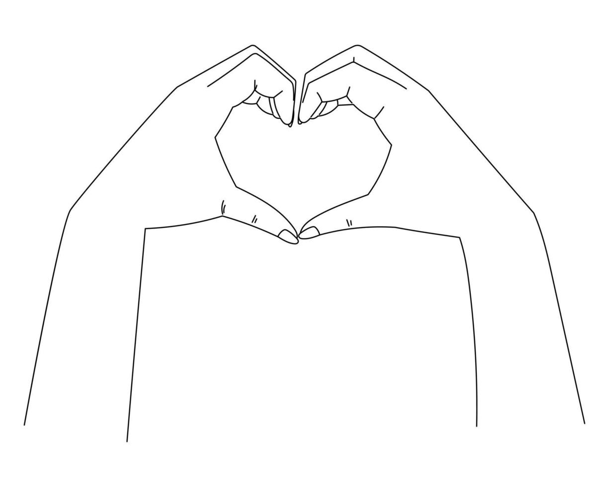 Woman hands making heart shape with fingers. Vector isolated line art illustration.