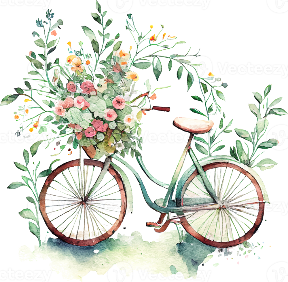 süßes frühlingsaquarellfahrrad mit blumen png