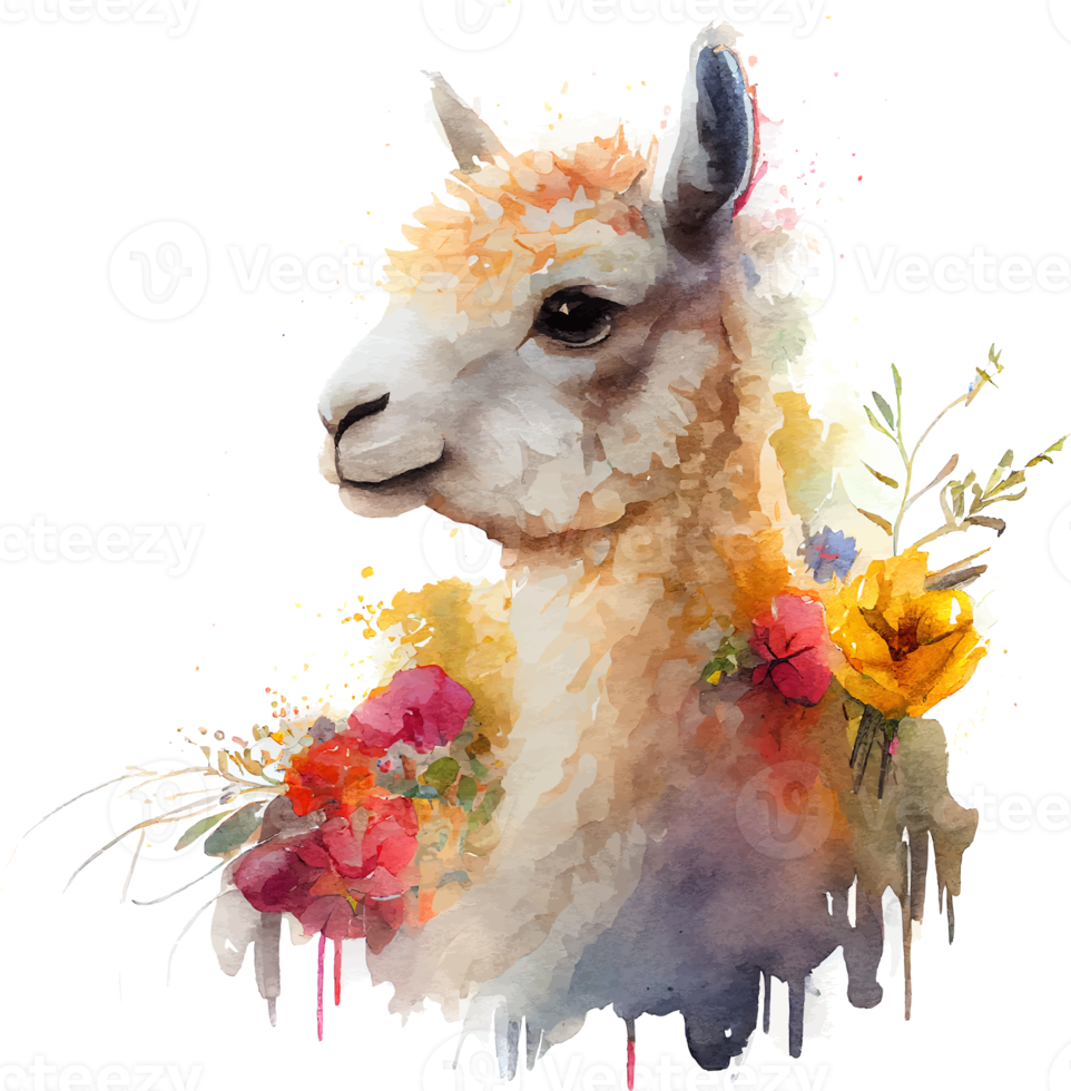 Cute Watercolor Funny Lama Background with Flower png