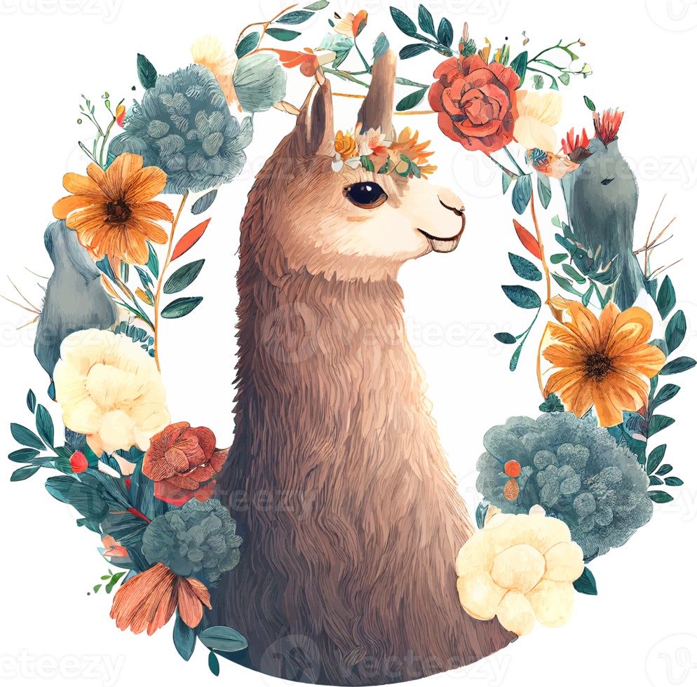 Cute Watercolor Funny Lama Background with Flower png