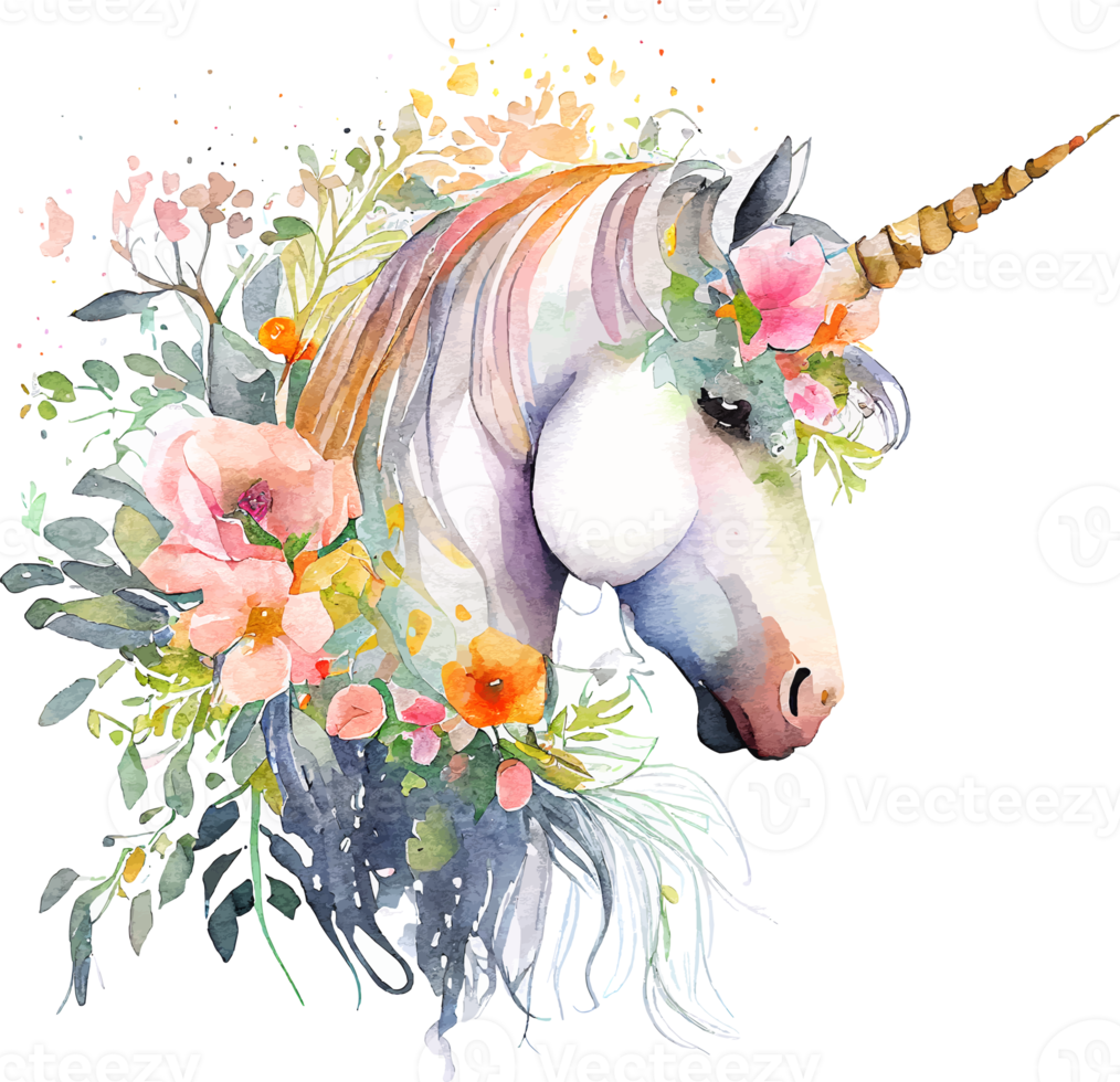 Cute Watercolor Magic Unicorn with Flowers png