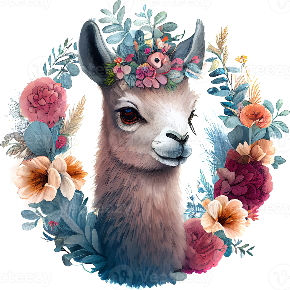 Cute Watercolor Funny Lama Background with Flower png