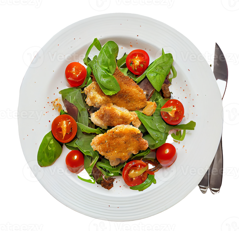 Salad of Arugula Fried Chicken Meat. Generative AI png