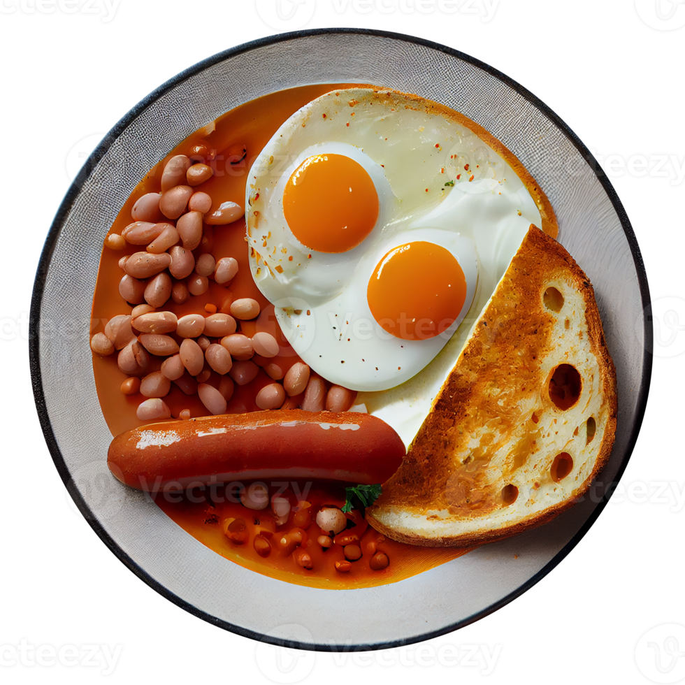 Two Fried Eggs 2 Sausages Canned Beans. Illustration Generative AI png