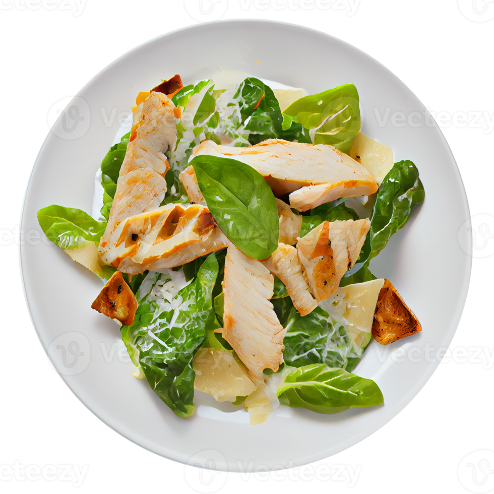 Caesar-Salat mit Hähnchen auf einem weißen Teller. abbildung generative ai png
