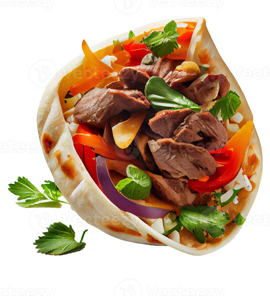 Kebab with Lamb and Vegetables in Pita Bread. Generative AI png