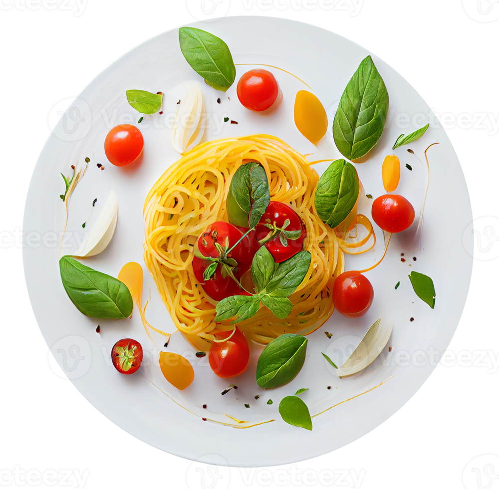 Spaghetti with Cherry Tomatoes and Basil. Generative AI png