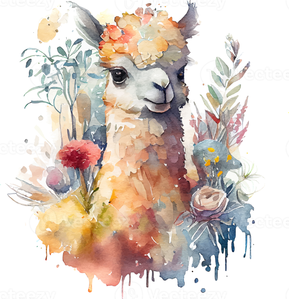 Cute Watercolor Funny Lama Background with Flower png