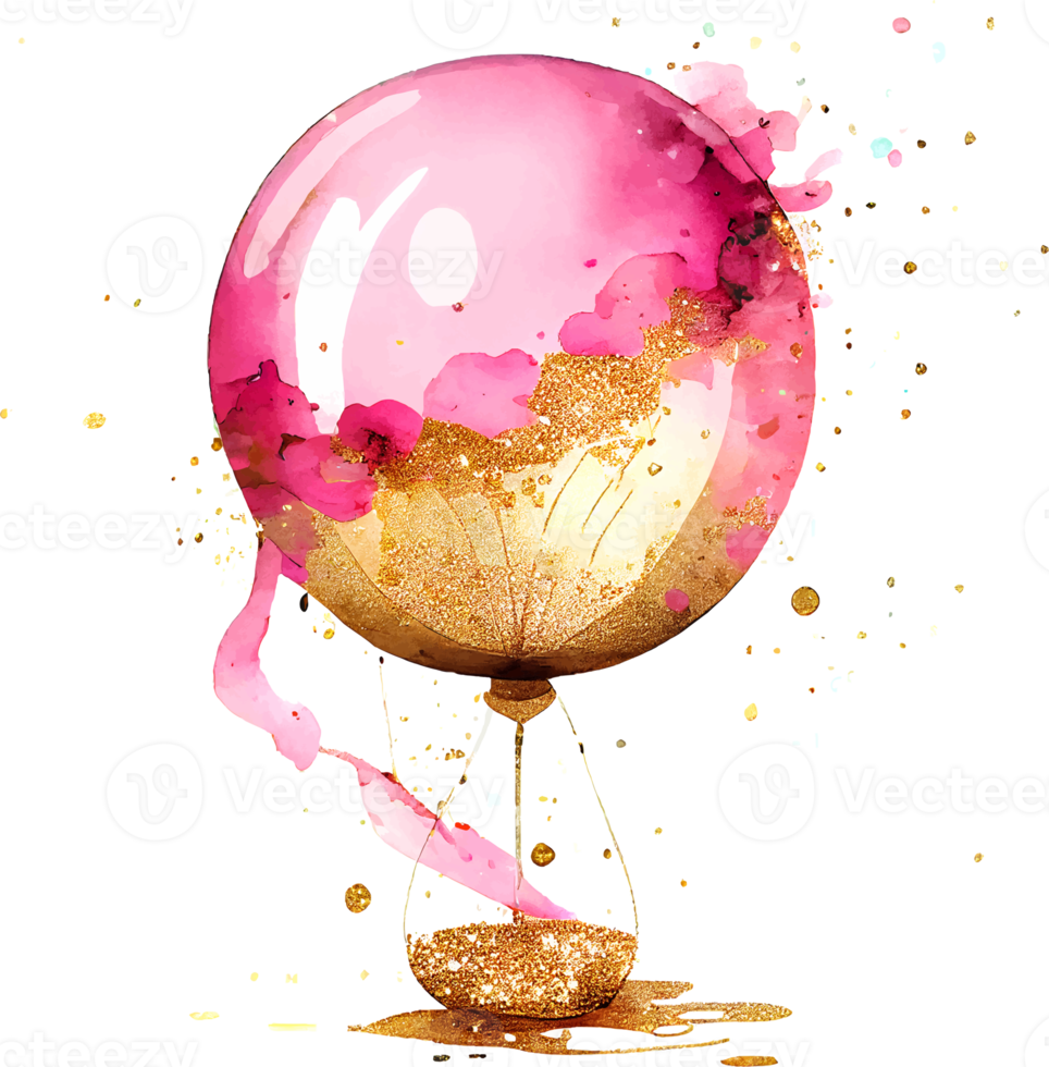 globo de cumpleaños rosa con tinta de alcohol acuarela con un poco de brillo dorado png